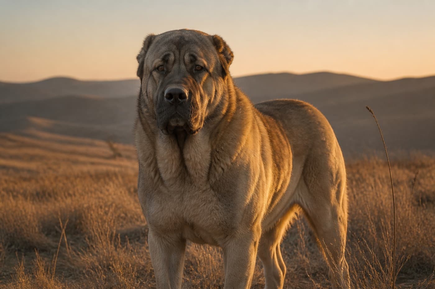 Adult fawn Alabai Aziat dog standing in dry steppe grass at dusk, Animals Details breed guide