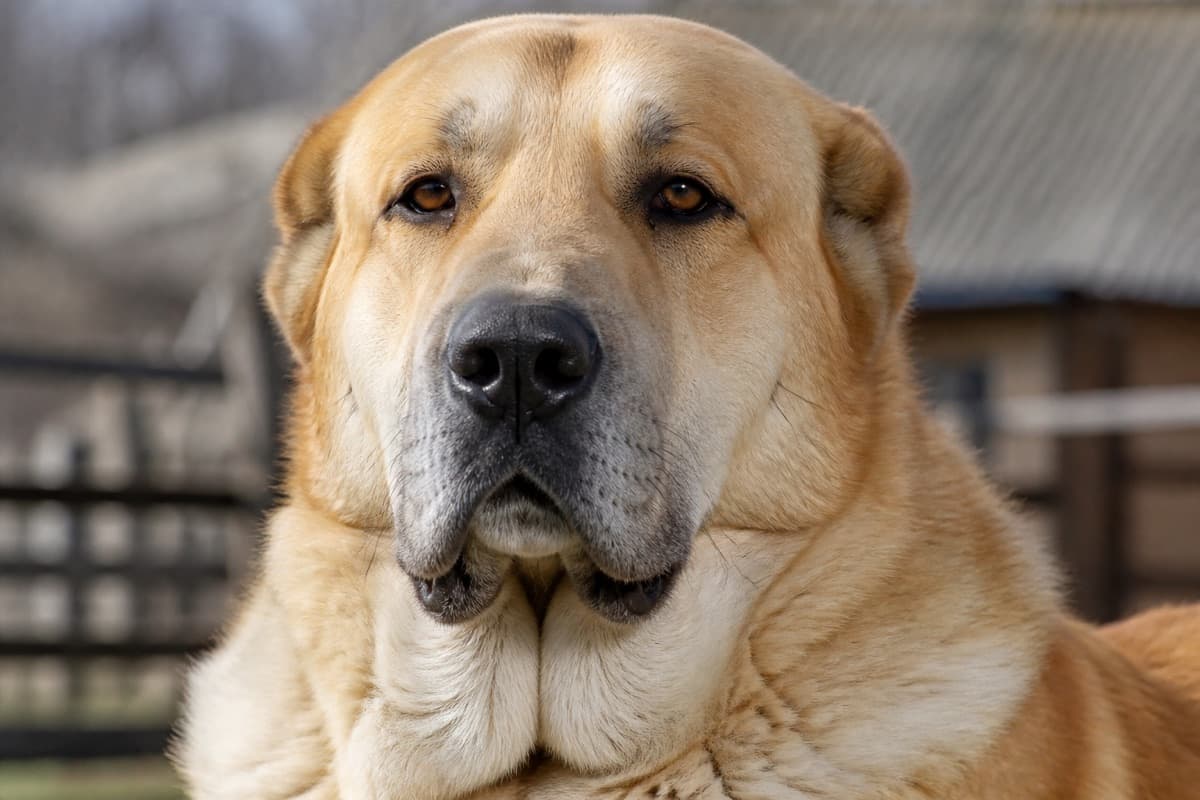 Close portrait of an adult Alabai Aziat dog with a massive fawn head and natural drop ears, Animals Details