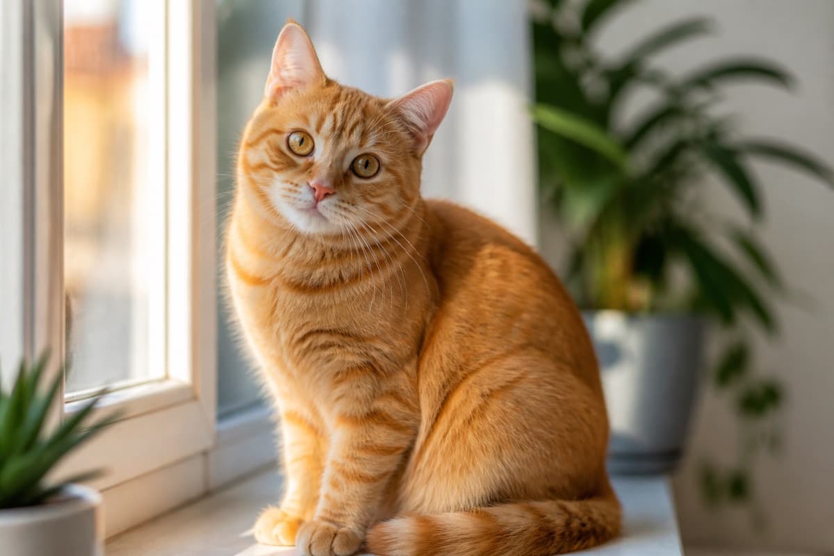 Orange tabby cat sitting on a sunlit windowsill in daylight, Animals Details cat activity guide