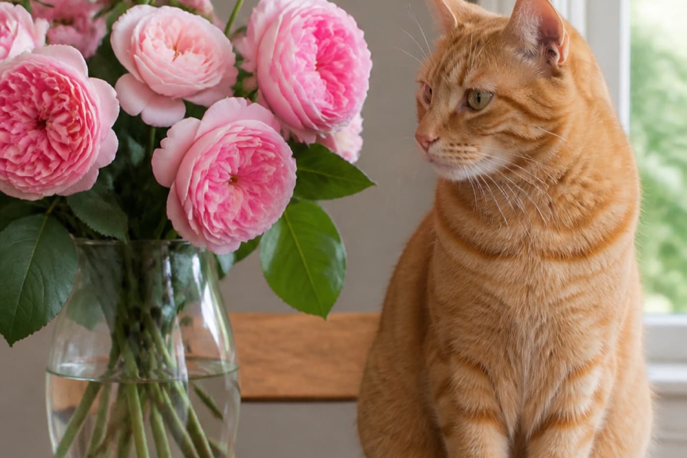 Orange tabby cat beside pink garden roses on a wooden table, Animals Details