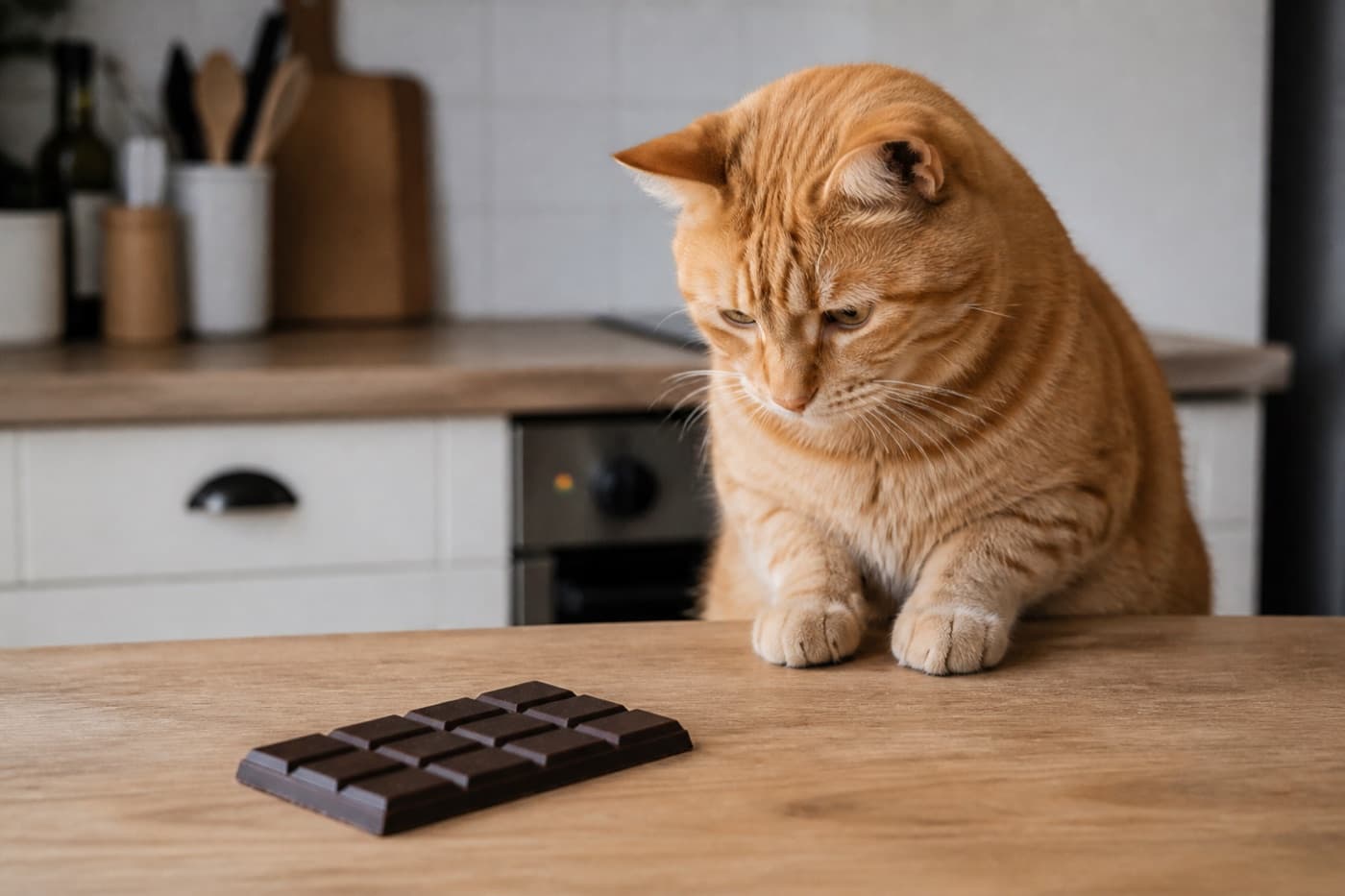 Orange tabby cat looking at a dark chocolate bar on a kitchen counter, Animals Details