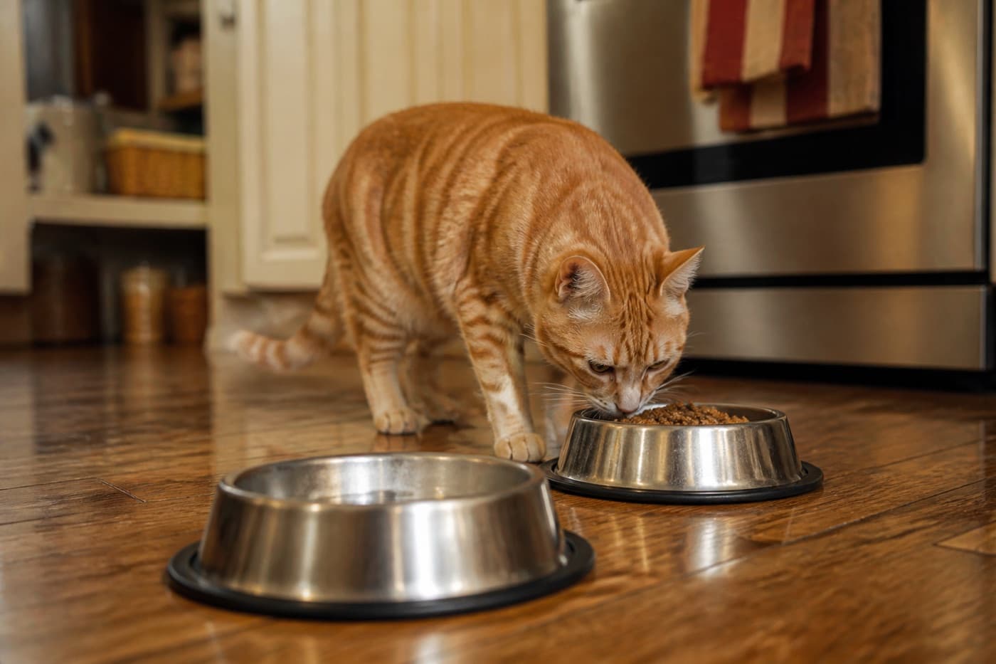Cat sniffing a dog food bowl in a kitchen, Animals Details