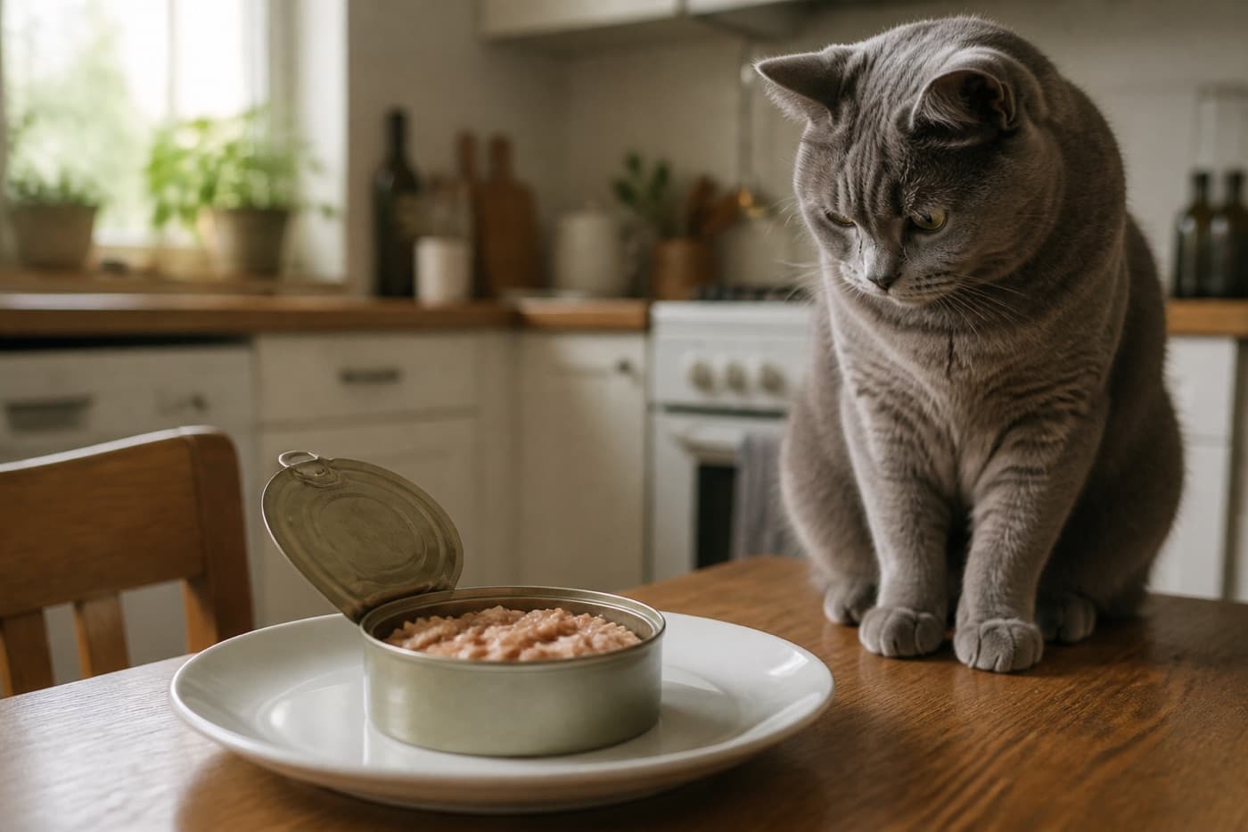Cat looking at an open can of tuna, Animals Details