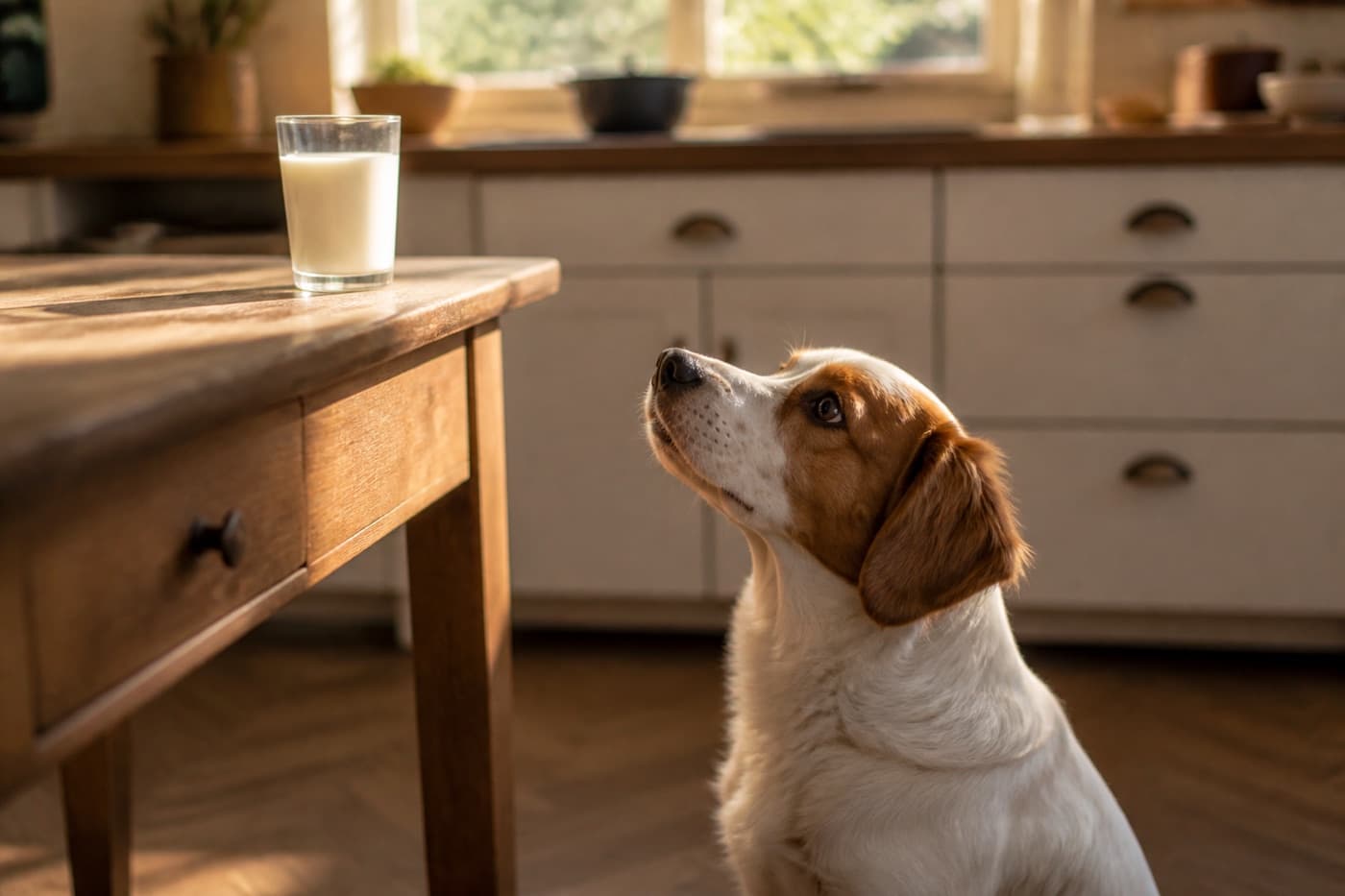 Dog looking at a glass of milk on a kitchen table, Animals Details