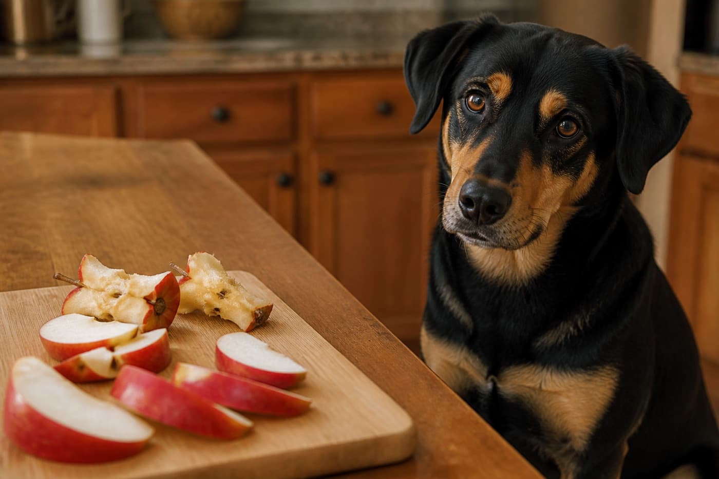 Sliced apple on a cutting board near a dog, Animals Details