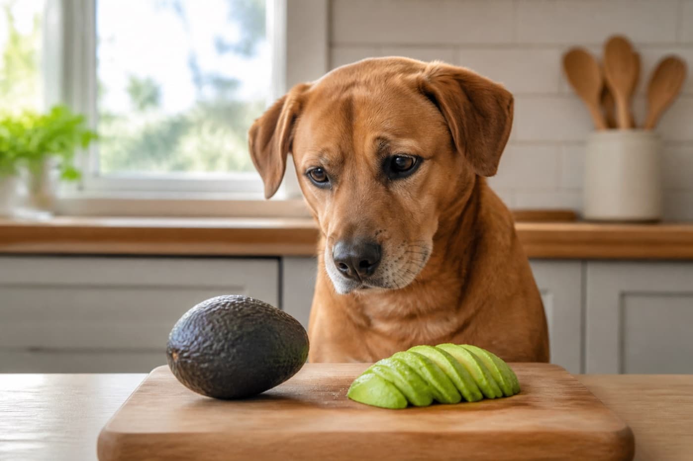 Brown dog looking at a whole avocado on a kitchen board, Animals Details food safety
