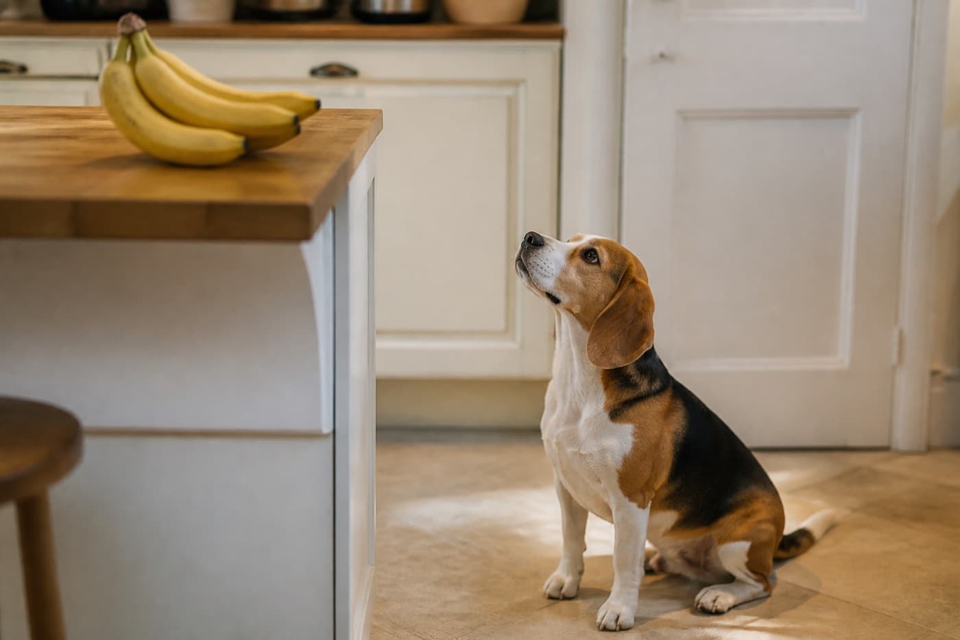 Sliced banana on a plate next to a dog, Animals Details
