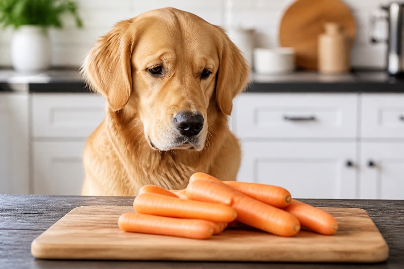Dog sniffing a raw carrot on a wooden board, Animals Details