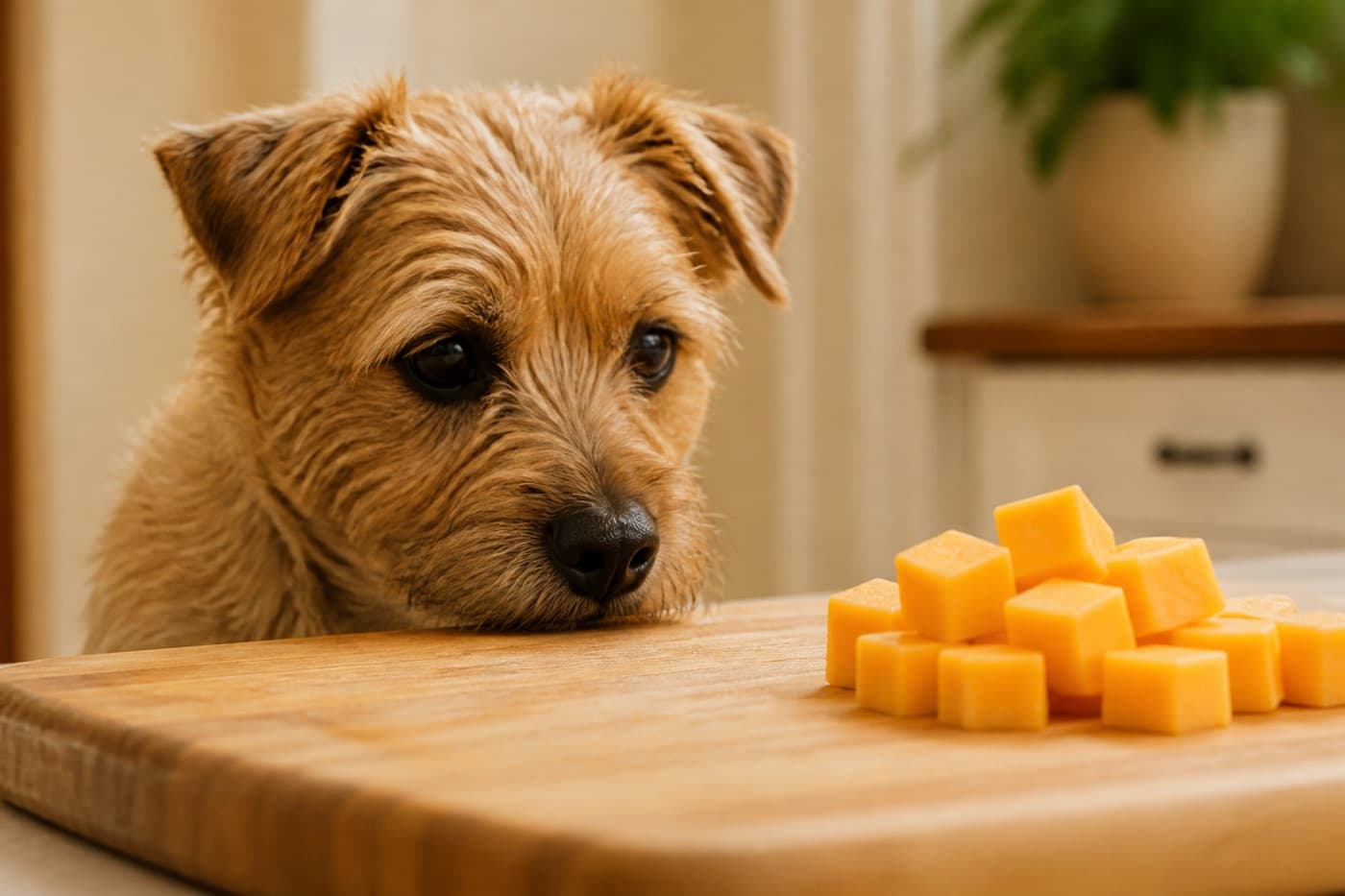 Cube of cheese on a plate near a dog, Animals Details