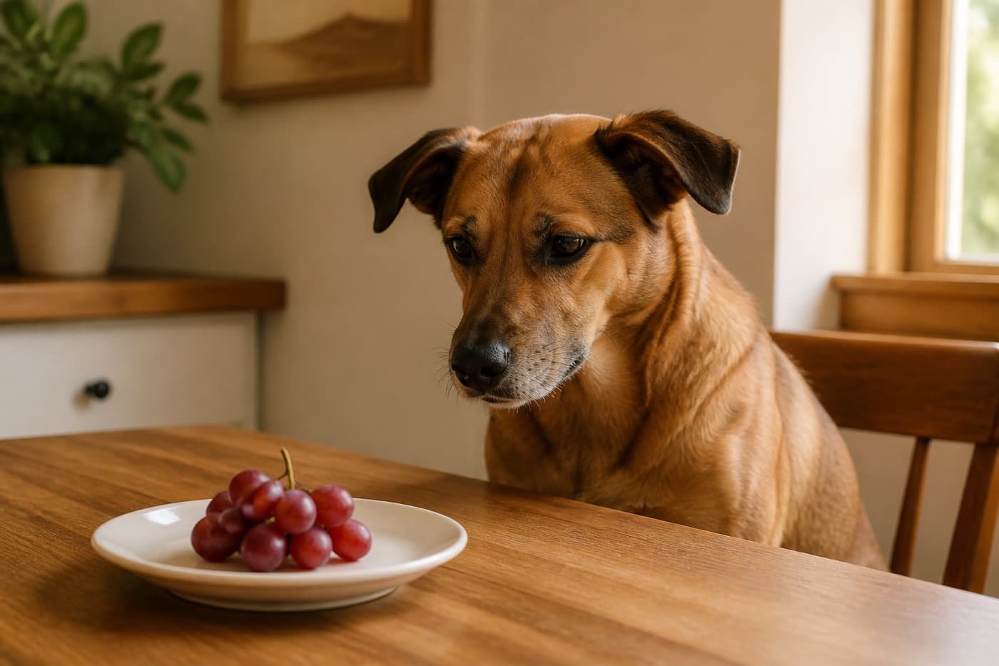 Bunch of grapes beside a dog bowl on a kitchen counter, Animals Details
