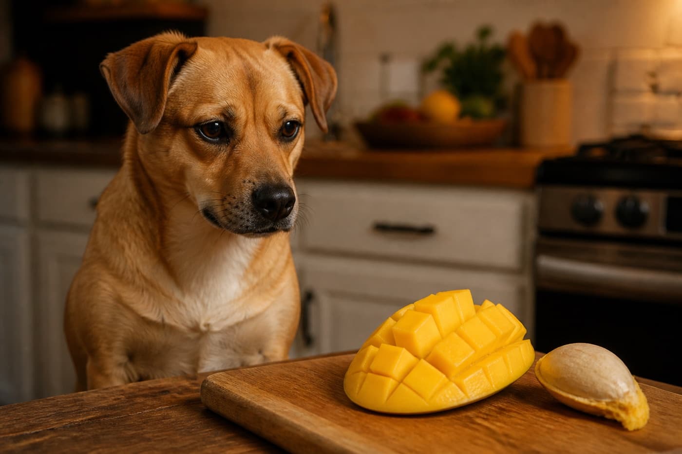 Sliced mango flesh on a plate near a dog, Animals Details