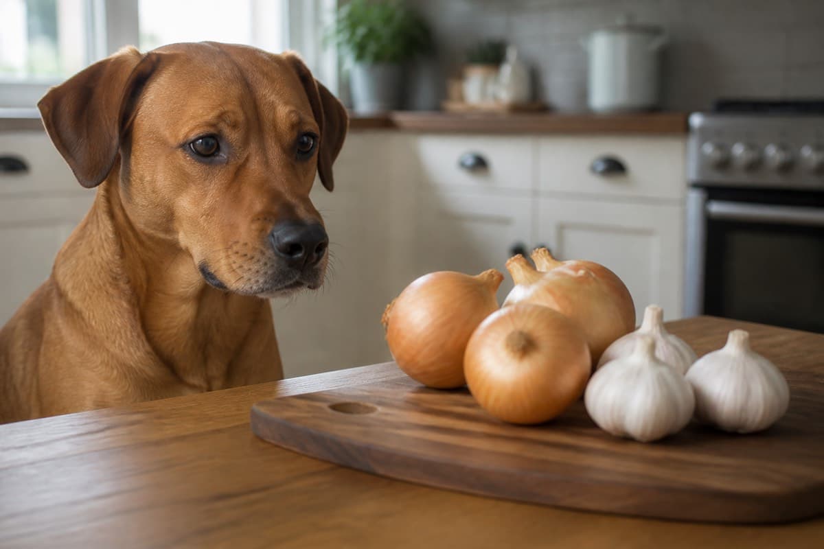 Brown dog in a kitchen near whole onions and garlic on a cutting board, Animals Details
