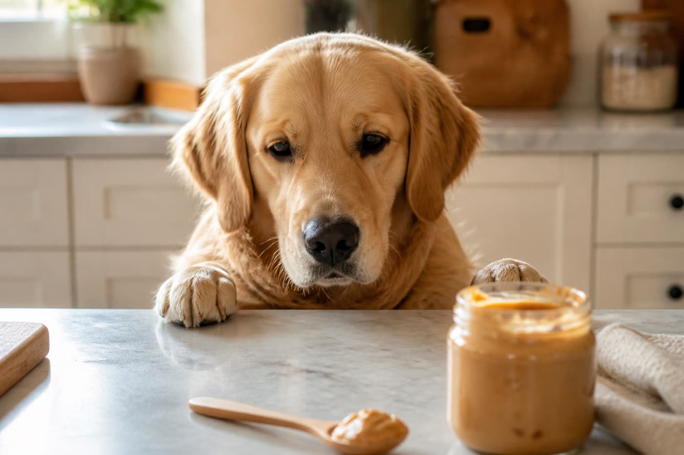 Dog waiting beside an open peanut butter jar on a table, Animals Details