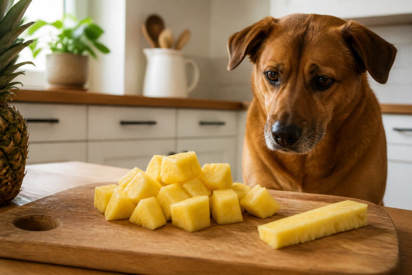 Fresh pineapple chunks on a plate beside a dog, Animals Details