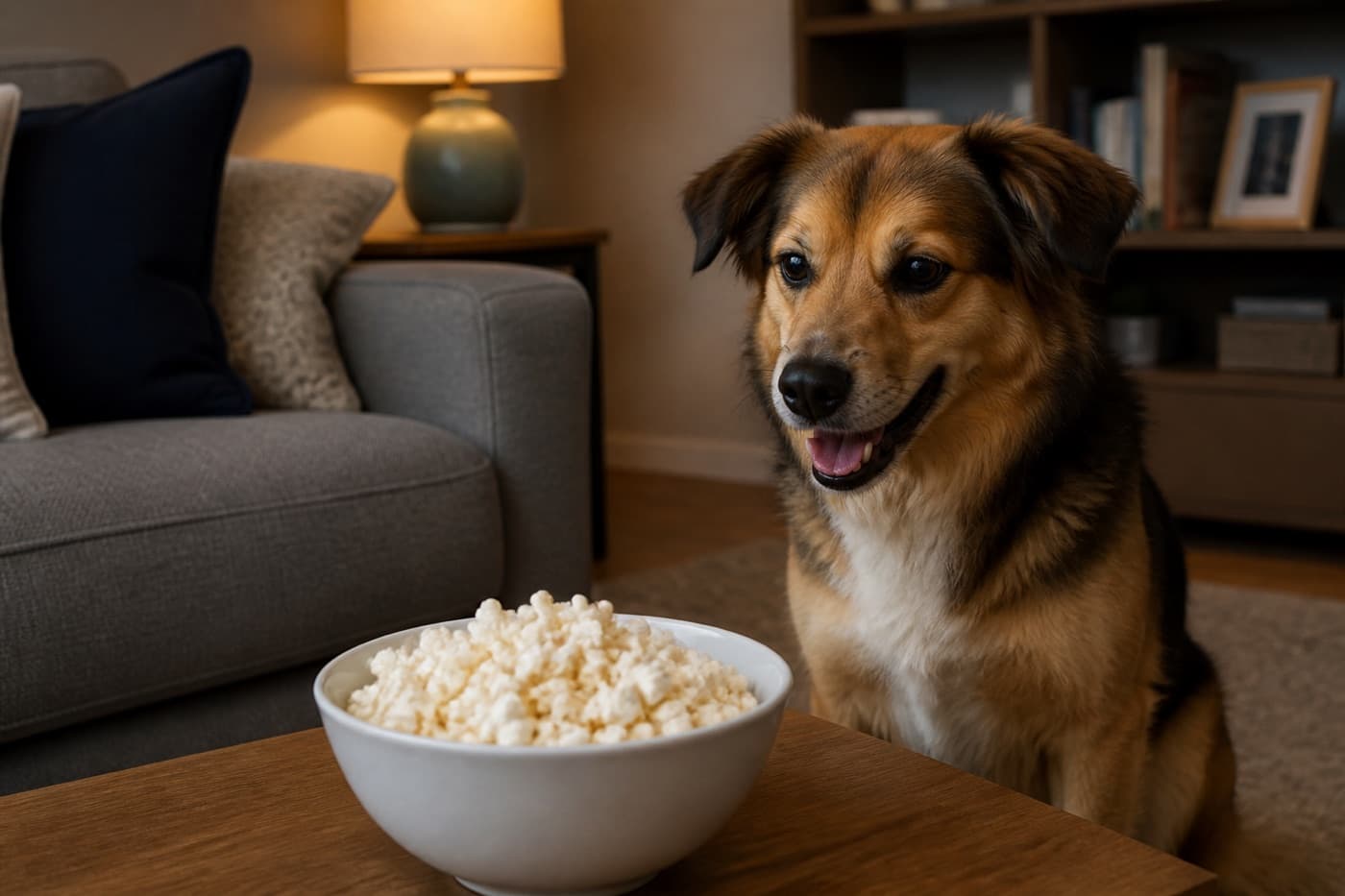 Bowl of plain popcorn next to a dog, Animals Details