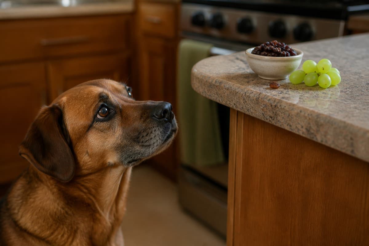 Brown dog looking at grapes and raisins on a kitchen counter, Animals Details food safety