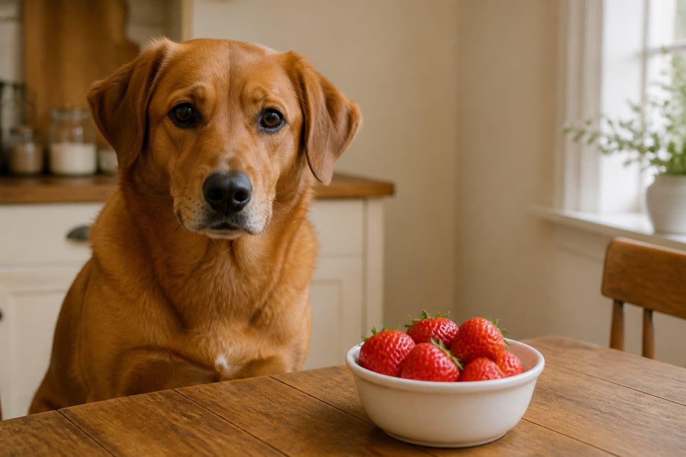 Fresh strawberries in a bowl near a dog, Animals Details