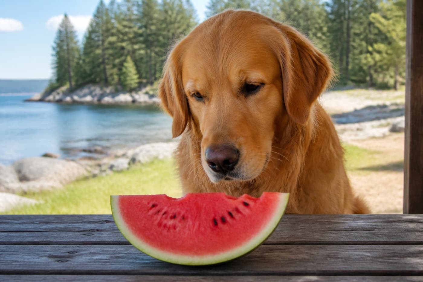 Golden retriever looking at a watermelon slice on a picnic table, Animals Details