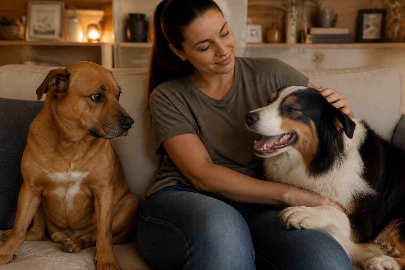 Dog wedging between a person and another pet on a sofa, Animals Details
