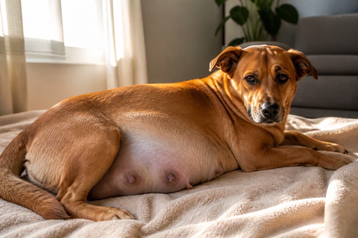 Pregnant golden-brown dog resting on a beige blanket in a sunlit room, Animals Details