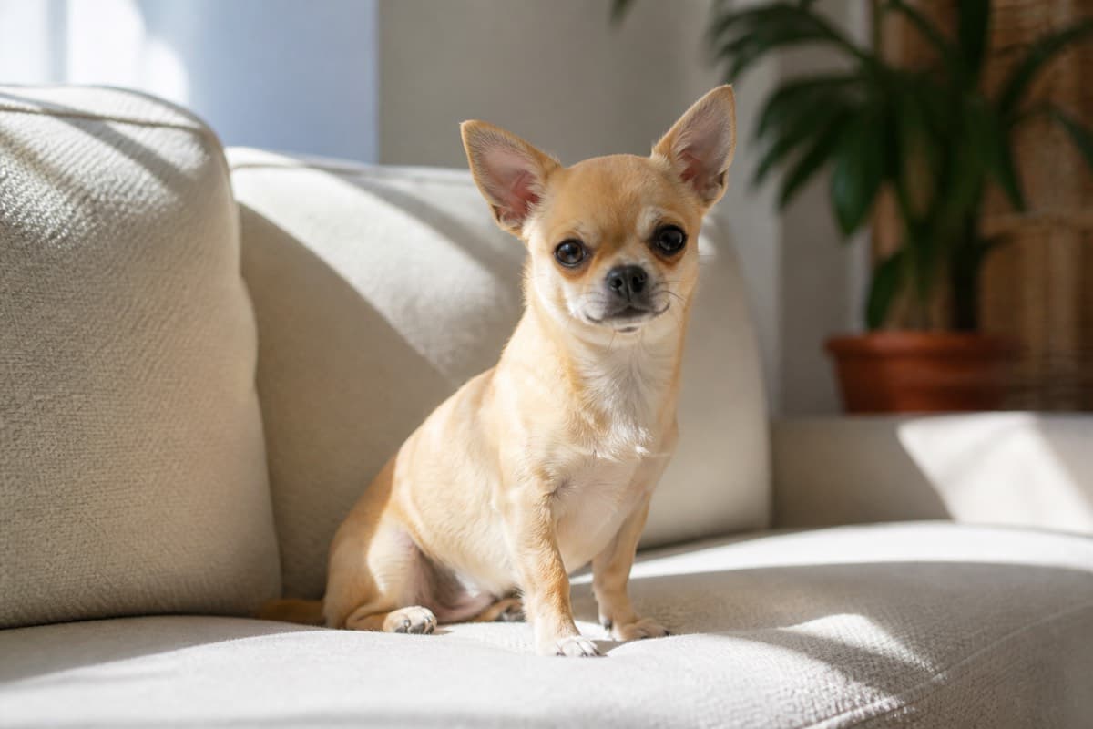Small fawn Chihuahua sitting alert on a cream sofa in daylight, Animals Details