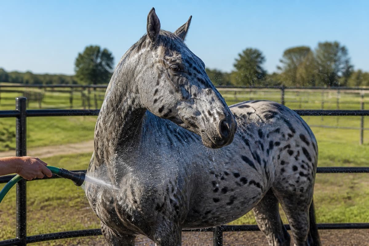 Spotted Appaloosa horse rinsed with a hose in a sunny paddock, Animals Details horse lifespan
