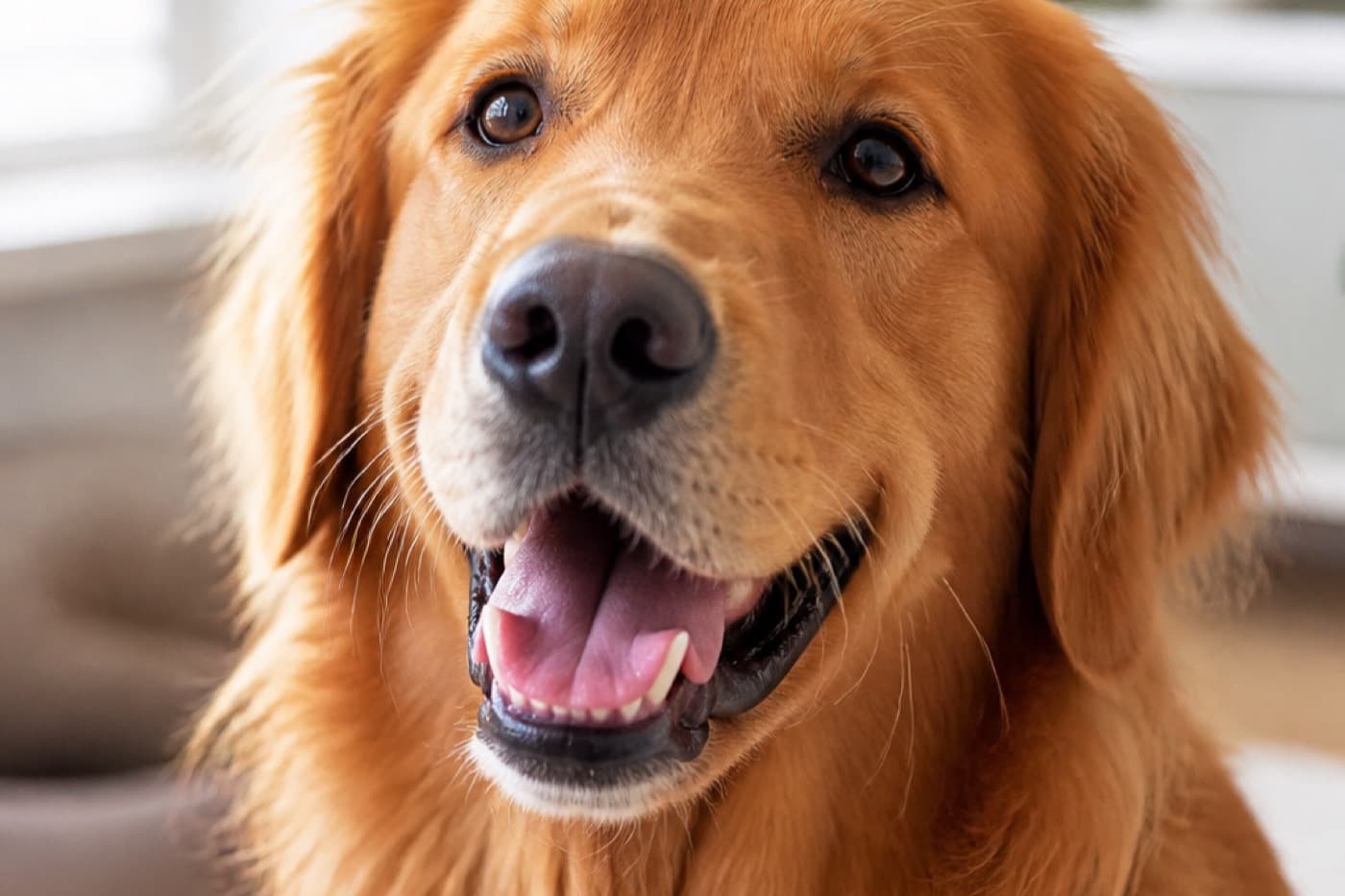 Golden retriever with visible white teeth in indoor daylight, Animals Details dog teeth guide