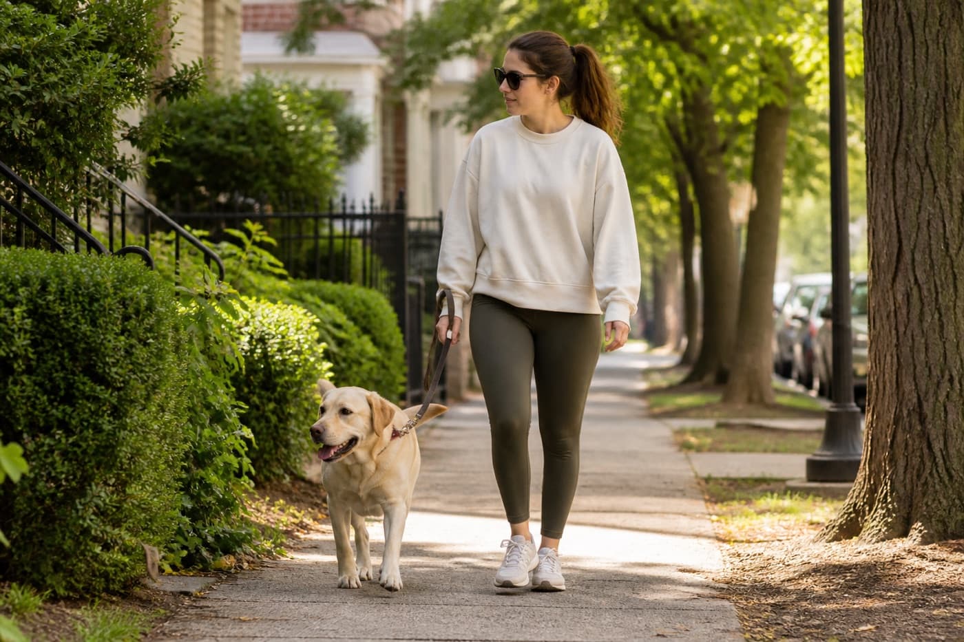Person walking a dog on a leash along a park path, Animals Details