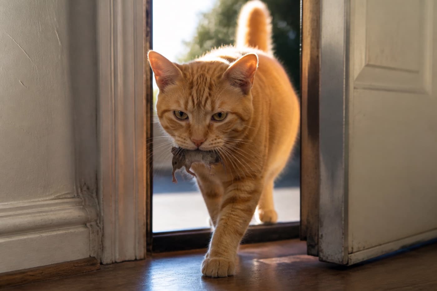 Cat carrying a small rodent outdoors, Animals Details