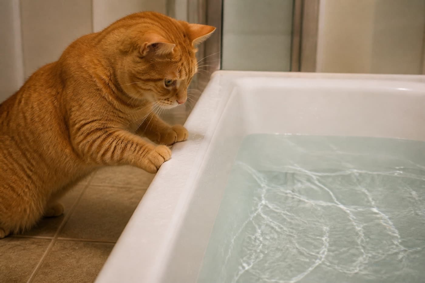 Cat stepping carefully around a puddle outdoors, Animals Details