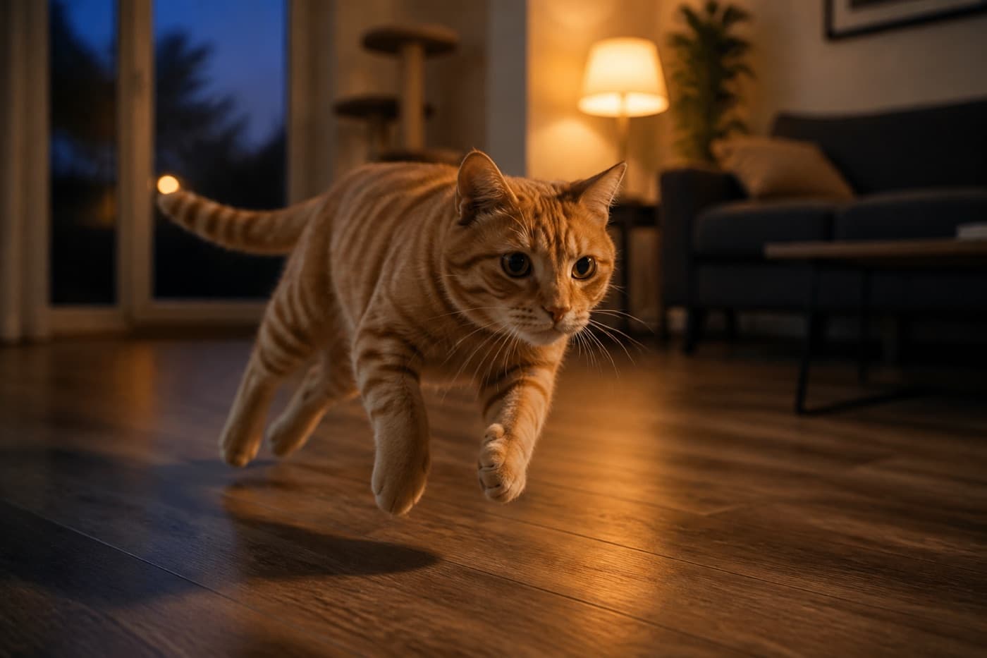 Cat sprinting across a living room floor, Animals Details