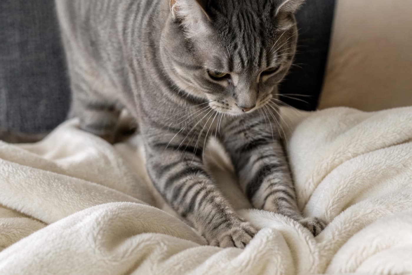 Grey tabby cat kneading a cream blanket on a sofa, Animals Details cat behavior