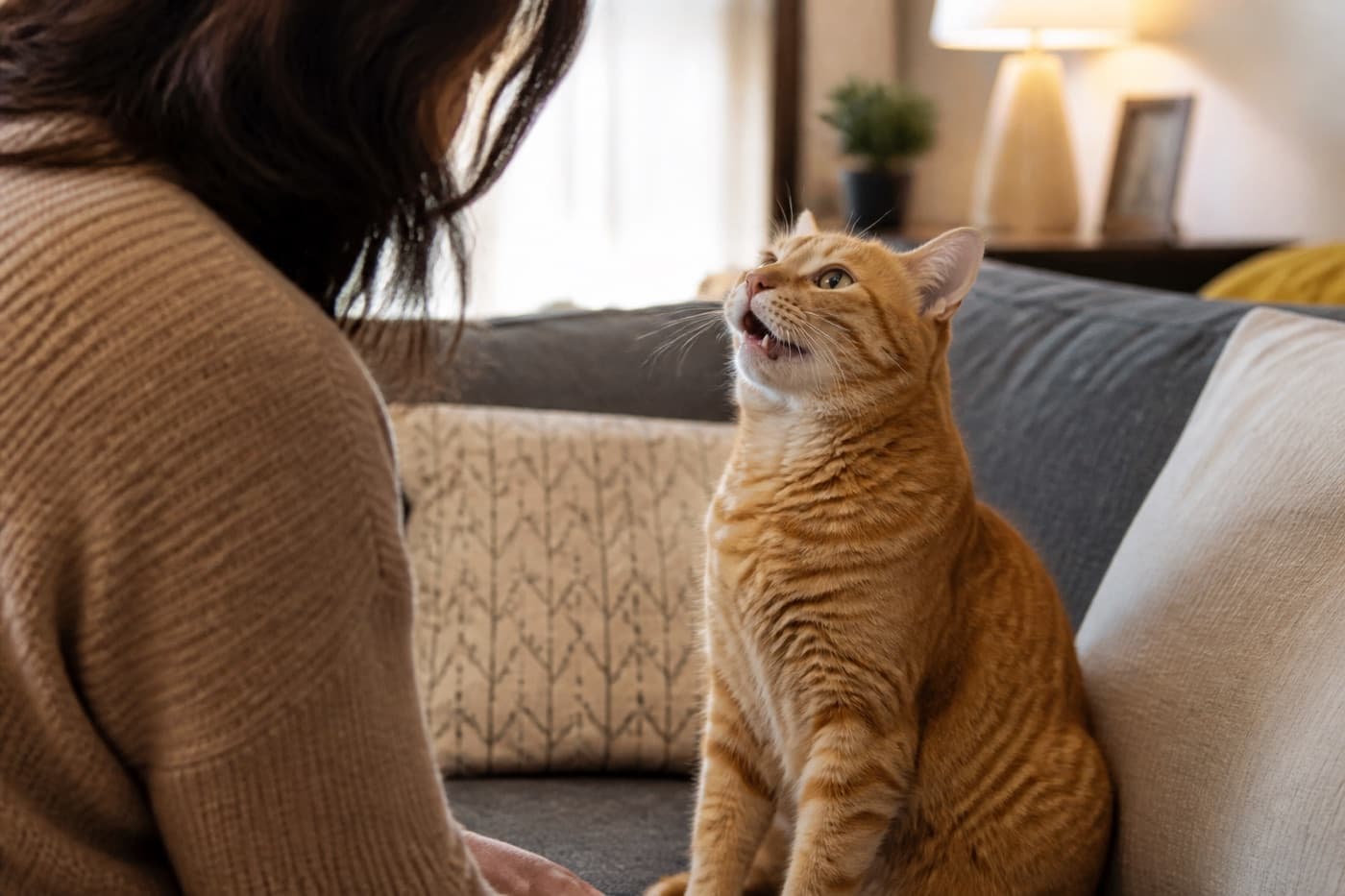 Cat mid-meow looking up at a person, Animals Details