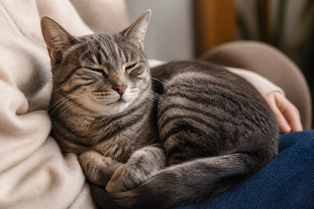 Grey tabby cat curled on a lap in afternoon indoor light, Animals Details