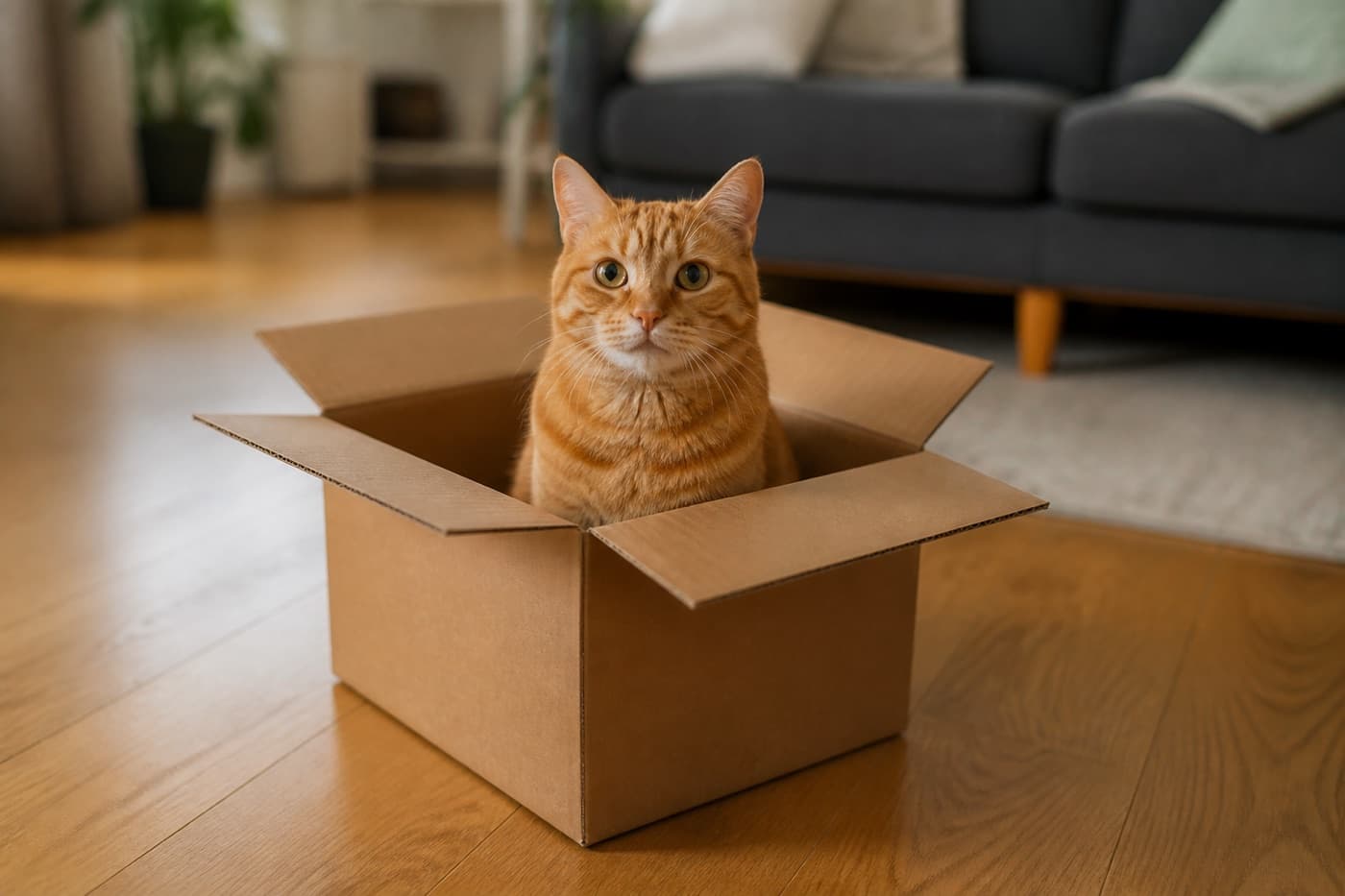 Cat sitting inside an open cardboard box, Animals Details