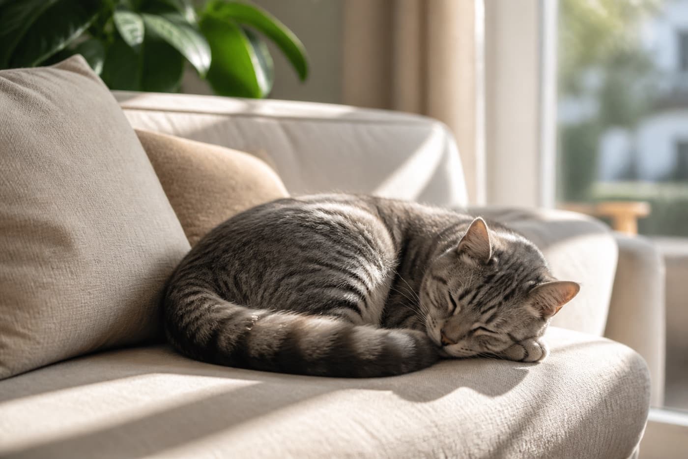 Cat curled asleep on a soft blanket, Animals Details