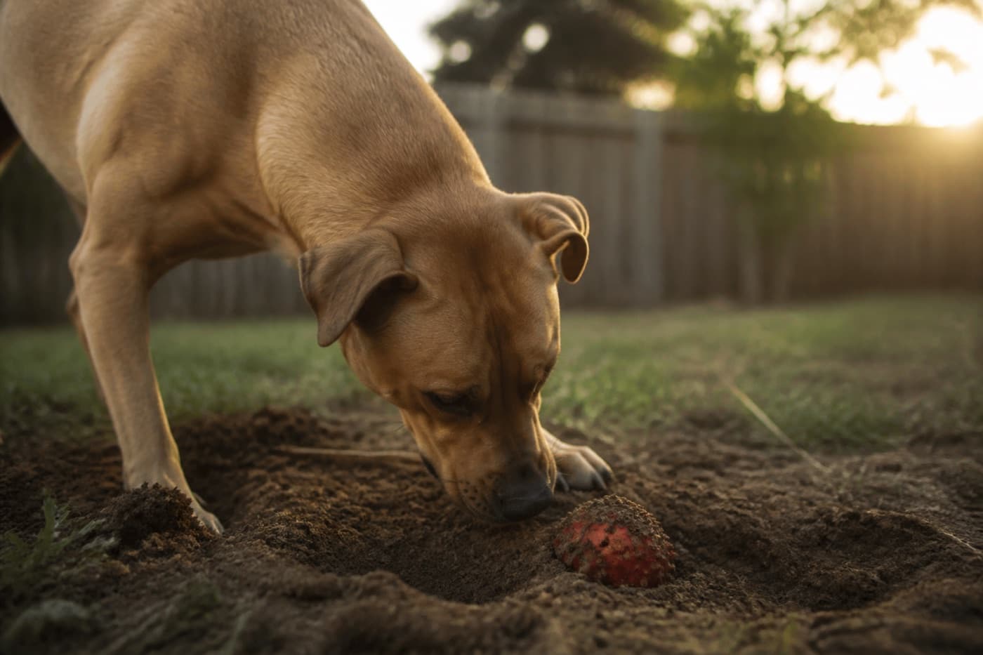 Dog digging a hole to bury a toy in dirt, Animals Details