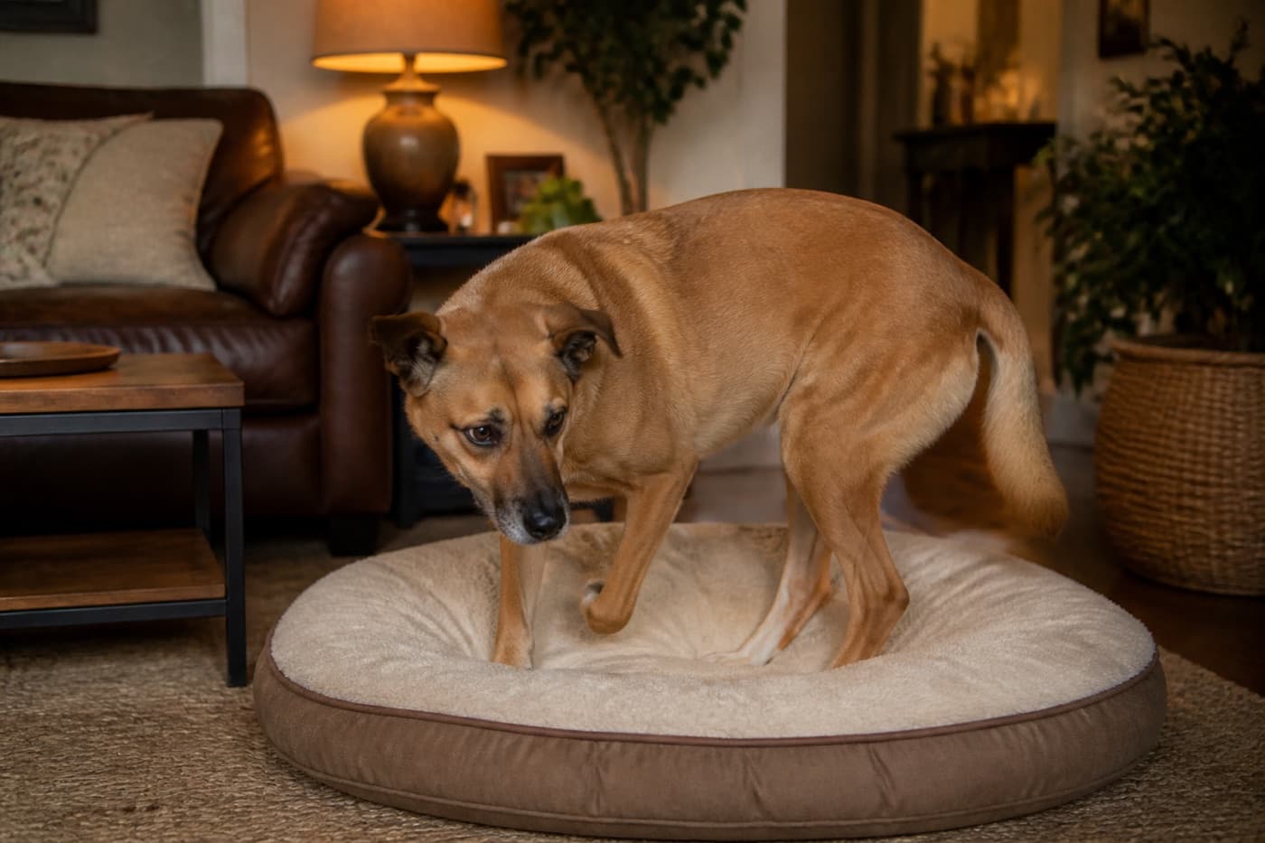 Dog circling on a dog bed before lying down, Animals Details