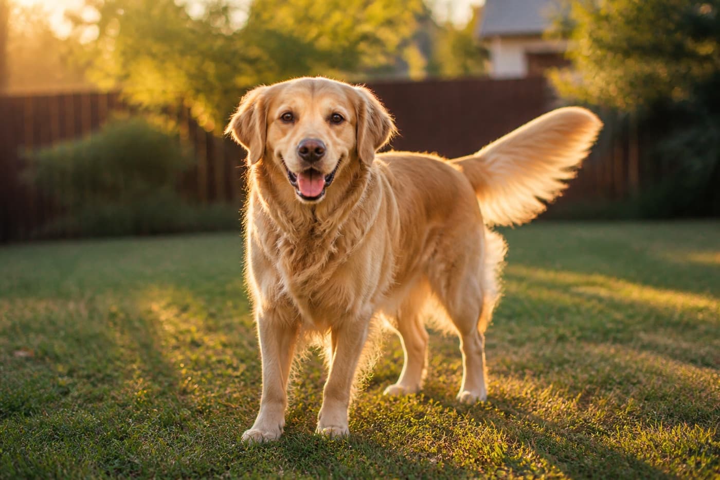 Dog wagging its tail on a grassy lawn, Animals Details