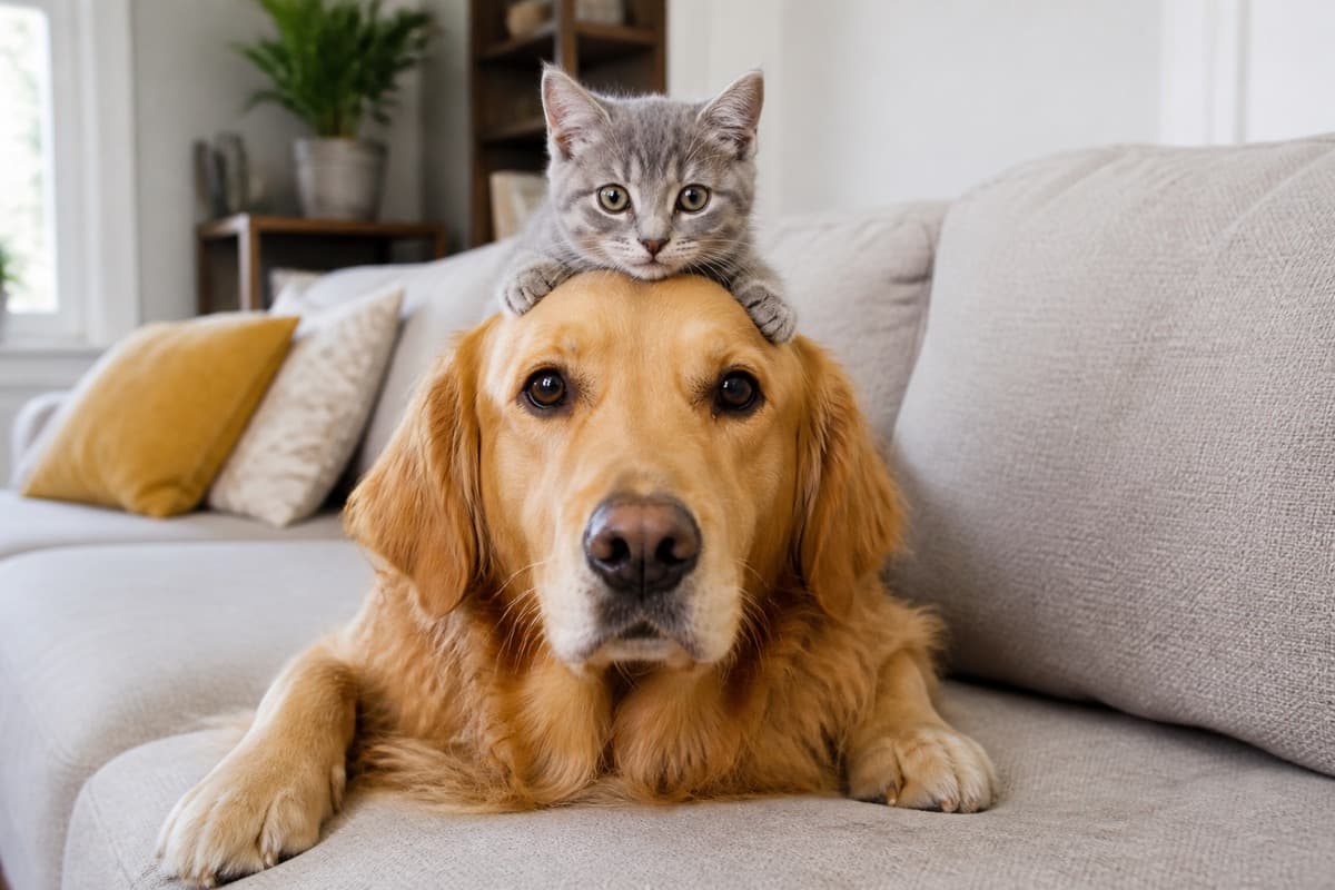 Golden retriever on a sofa with a small grey kitten, Animals Details dog health guide