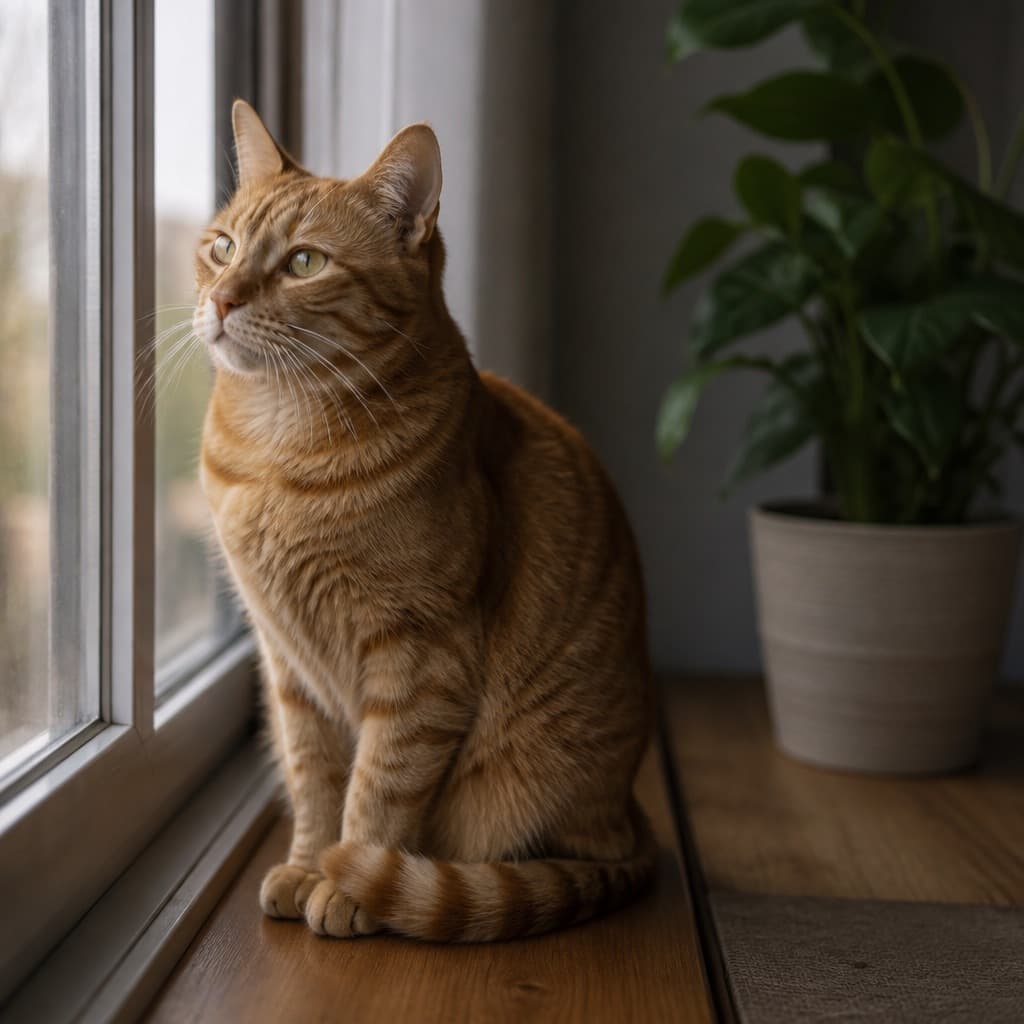 Orange tabby cat sitting on a wooden windowsill