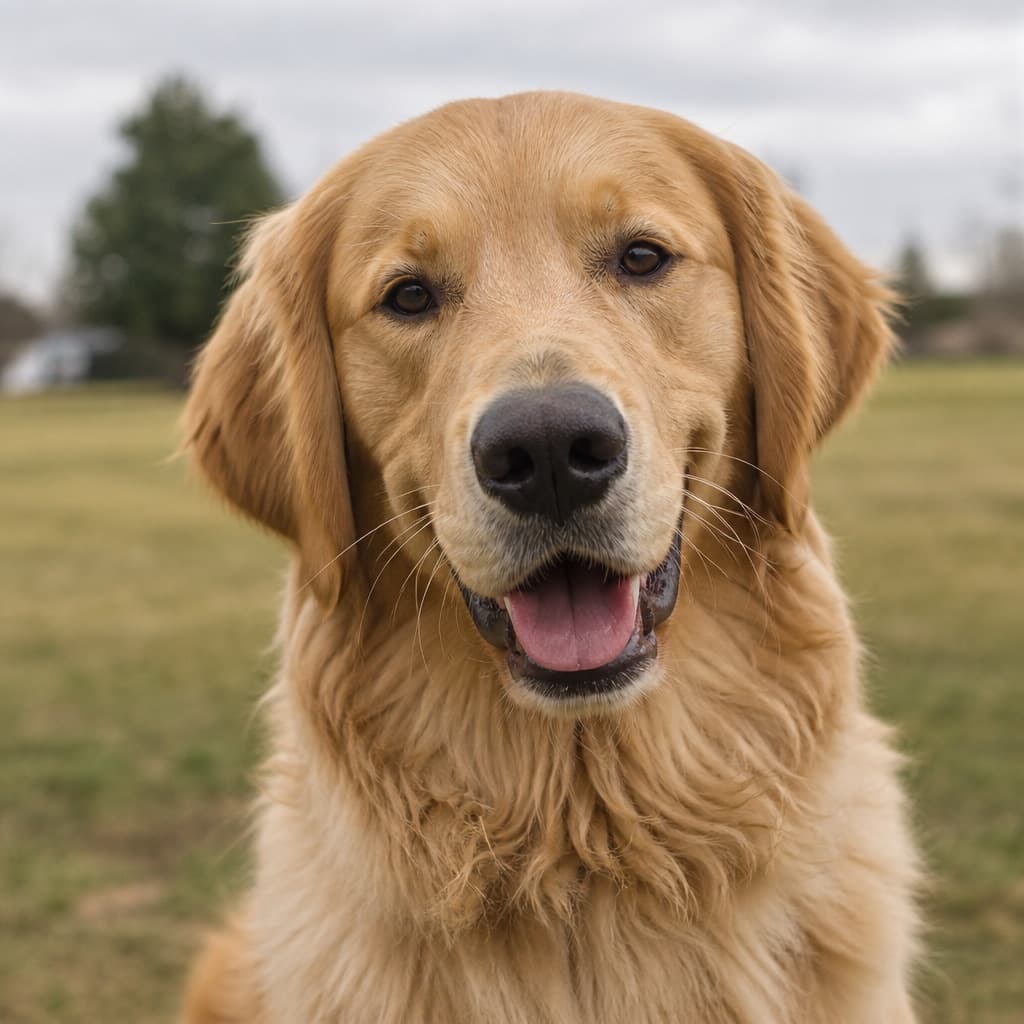 Golden retriever looking at the camera in a park