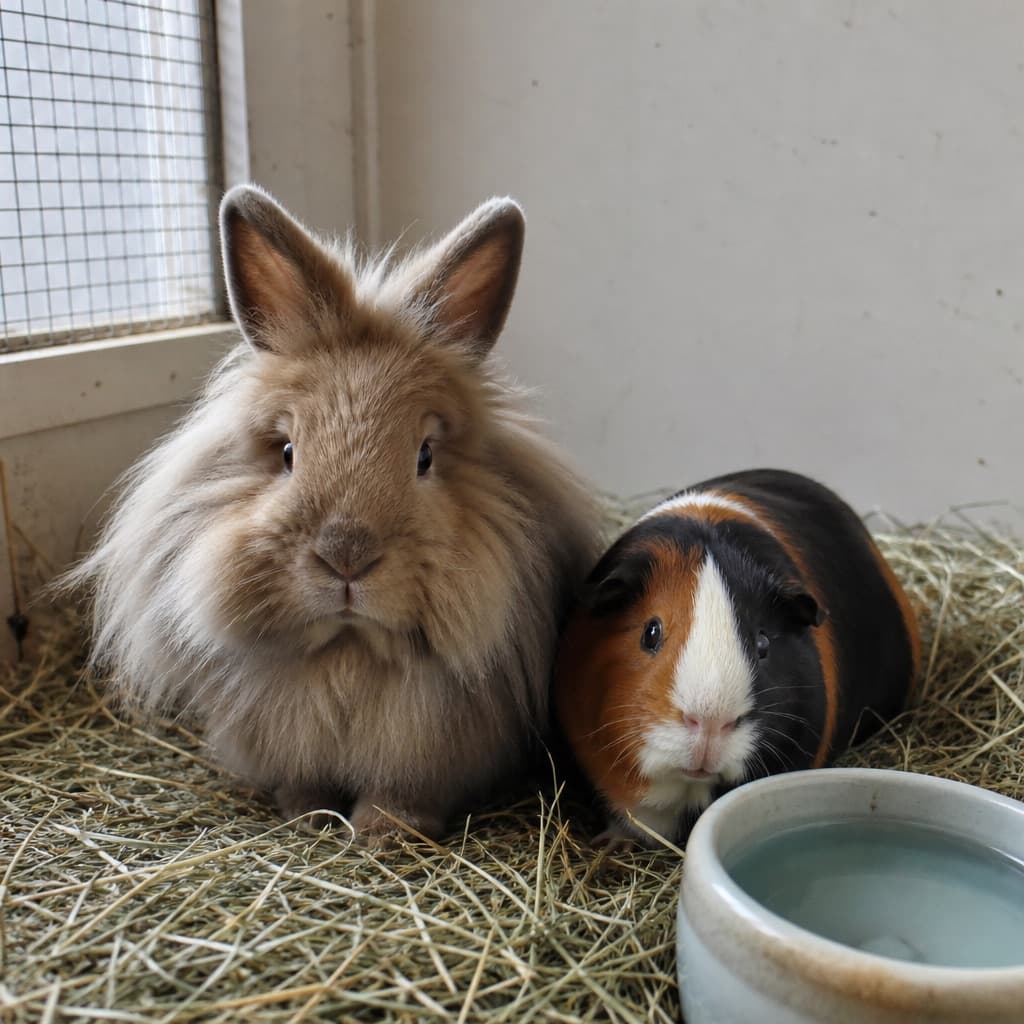 Lionhead rabbit and guinea pig sitting on hay