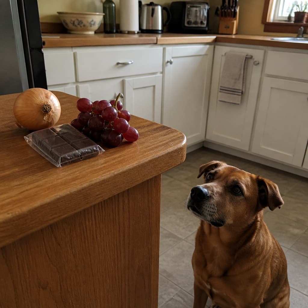 Brown dog looking up at chocolate, grapes, and an onion on a kitchen counter