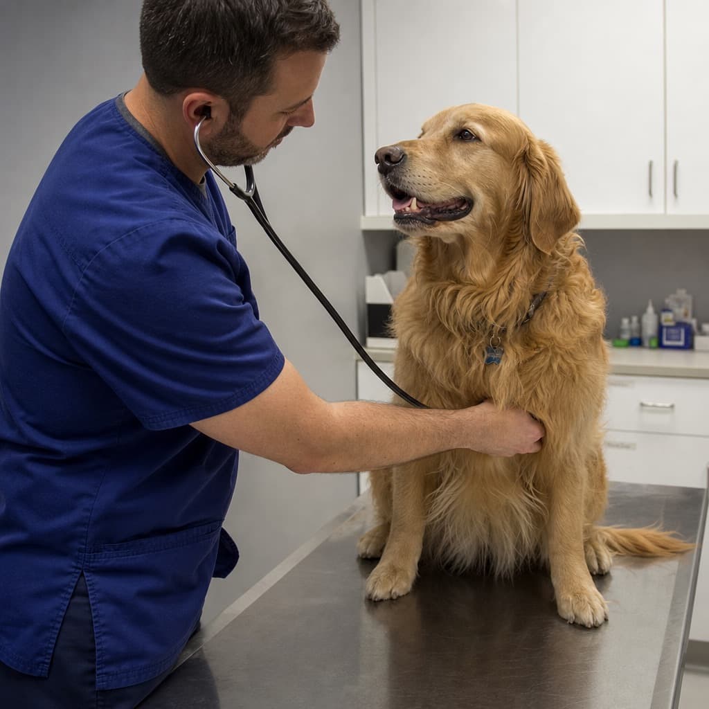 Veterinarian examining a golden retriever in a clinic
