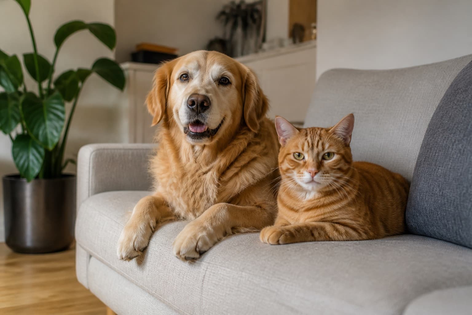 Golden retriever and orange tabby cat sitting together on a sofa