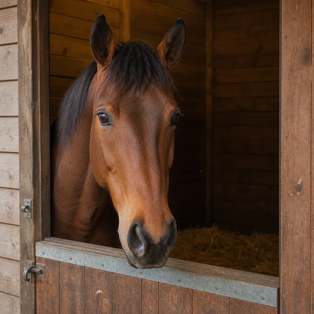 Bay horse looking over a wooden stable stall door