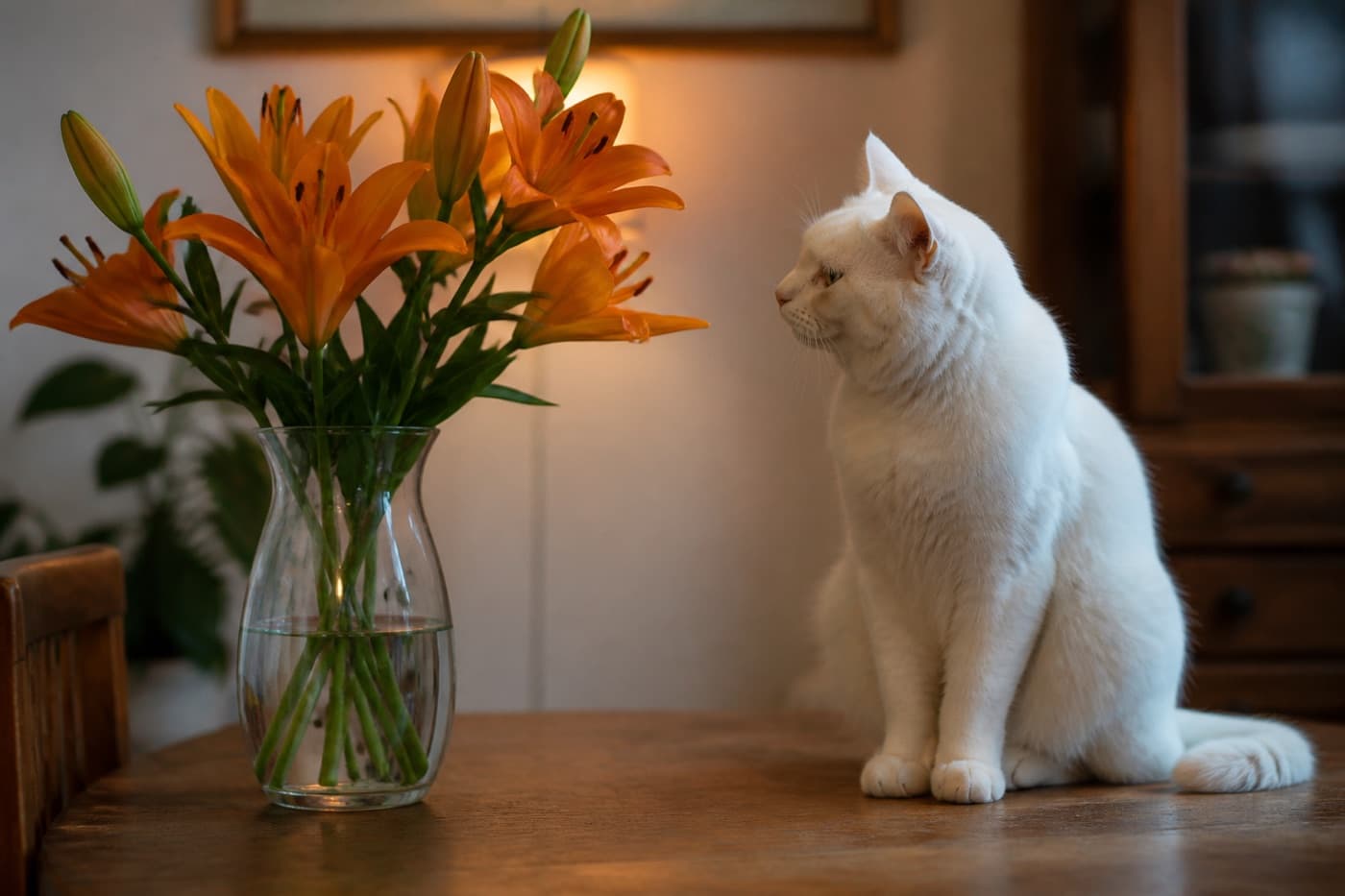 White lily bouquet on a table with a cat nearby, Animals Details
