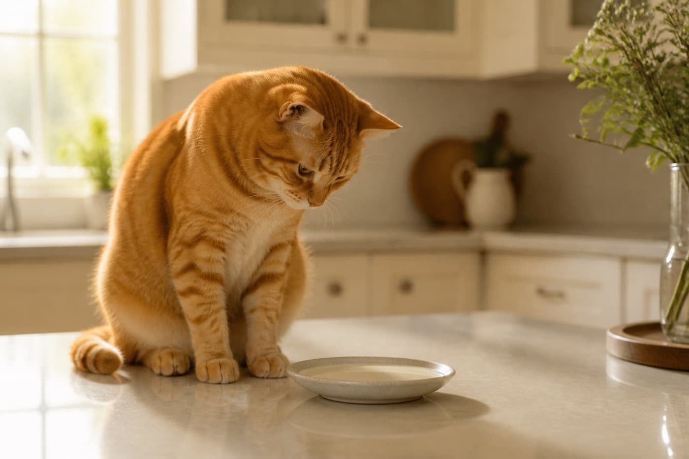 Cat sitting beside a saucer of milk, Animals Details