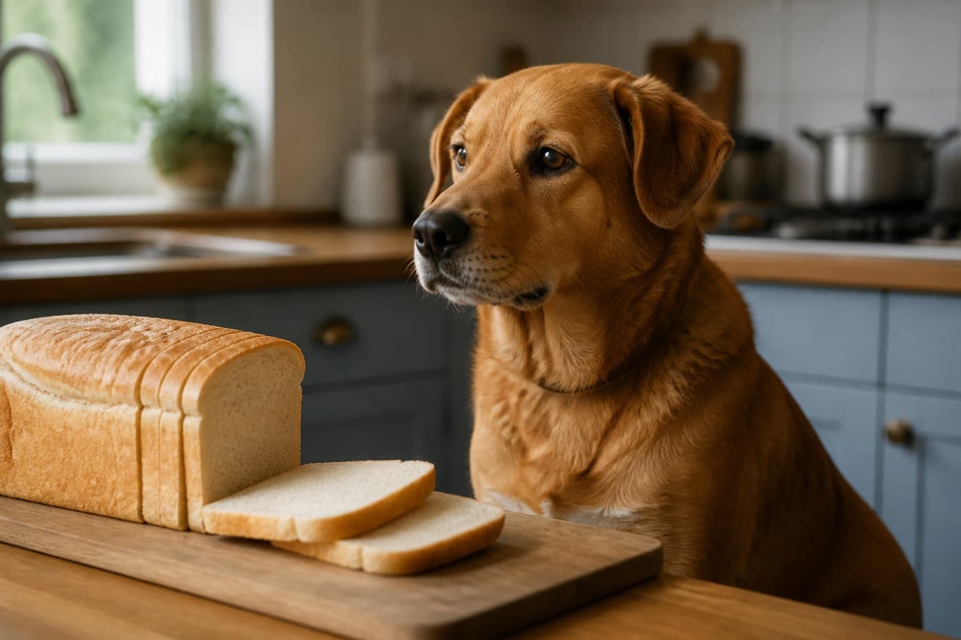 Plain sliced bread on a counter with a dog watching, Animals Details